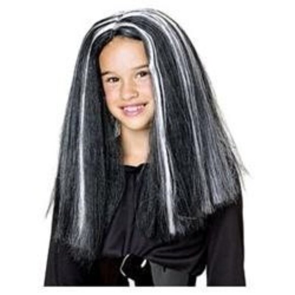 Halloween Wig Black White Streak Child Costume Elasticized Lining One Size NEW - Picture 2 of 7